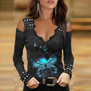 1414 Women's Rose Butterfly Print Stretch V-neck Hollow Sleeve Top