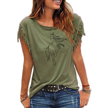 Load image into Gallery viewer, 262 Bitter Coffee Women&#39;s Creative Horse Print Cotton Tassel Sleeve T-shirt Top
