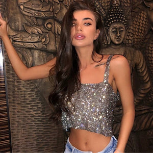 473 Festival Queen Bling Rhinestones Backless Sequins Camisole Party Crop Top