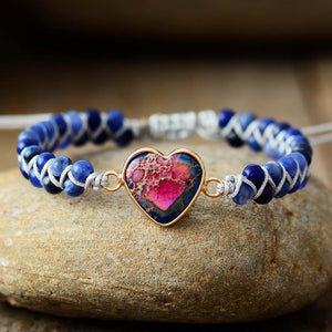 668 Koysko Unique Natural Stone Braided Heart Charm Bracelets