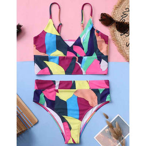 874 OIMG Women's High Waist Printed Geometric Multicolor Bikini Set Swimsuit