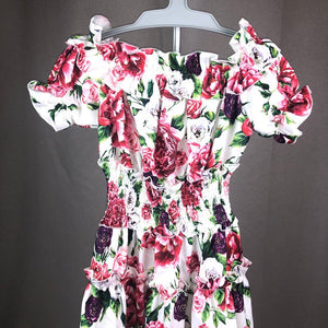 529 HAMALIEL Off Shoulder Elastic Waist Charming Rose Flower Print Ruffle Dress