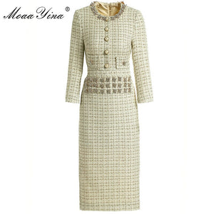 775 MoaaYina Fashion Designer Women's Crystal Button Gold Wire Tweed Slim Dresses