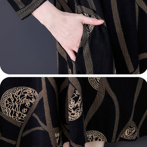 577 Huti wjwyl Vintage Style Elegant Long Sleeve Loose Black Print Maxi Dresses Plus