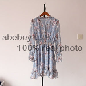 149 Abebey Women's French Temperament V-neck Long Sleeved Chiffon Floral Dress