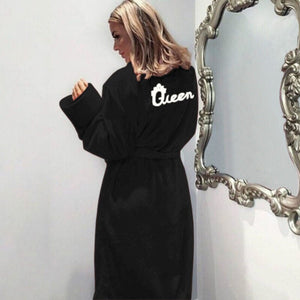 1157 Women's Long Sleeve Queen Letter Flannel Fluffy Warm Robes Plus