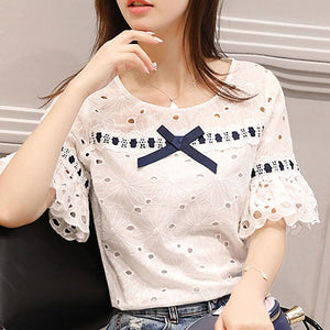 1028 SURWENYUE Women's Hollow Lace Short Sleeve Tops