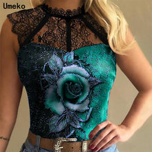 Load image into Gallery viewer, 1416 Summer Women Sexy Lace Mesh T-Shirt Sleeveless Crew Neck  Collar See-through Tops Spring Fashion Rose Flower Office Tops Shirts