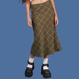 169 ALLNeon E-girl Plaid High Waist Mermaid Silhouette Cotton Long Skirt