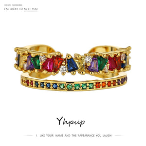1234 Yhpup Crown Rainbow Charm Open Colorful Cubic Zirconia Copper Gold Ring