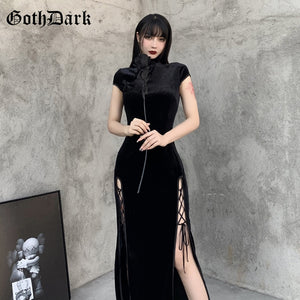 514 Goth Dark Romantic Gothic Velvet Aesthetic Vintage Style Short Sleeve Dresses
