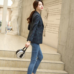 699 Lenshine Women's Elegant Plaid Long Sleeve Gird Blazer Jacket Plus