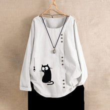 Load image into Gallery viewer, 469 Feitong Linen Cat Printed Blouse Buttons Loose O-Neck Long Sleeve Top Plus