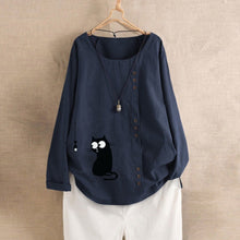 Load image into Gallery viewer, 469 Feitong Linen Cat Printed Blouse Buttons Loose O-Neck Long Sleeve Top Plus