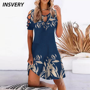 1402 Women's Floral Printed Short Sleeve Hollow Out Boho Dress