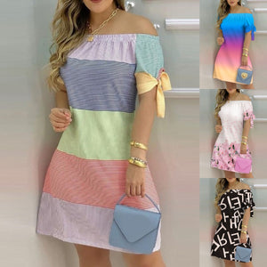 1401 Women's Off Shoulder Slash Neck Short Sleeve Print Mini Dress