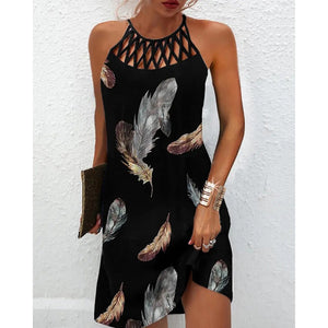 1406 Women's Elegant Loose Hollow Out Sleeveless Floral Print Dress