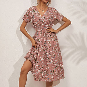 1408 Women's Floral Print Elegant V-Neck Short Sleeve A-Line Dress