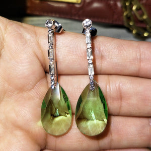 912 Ranssi Sterling Silver 925 Long Earrings Green Crystal Water Drop Earrings