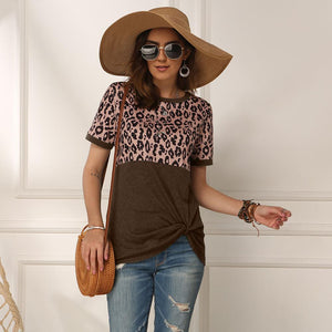1097 Vin Beauty Leopard Splice O-Neck Short Sleeve T-shirt Tops