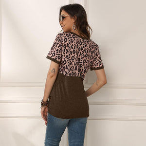 1097 Vin Beauty Leopard Splice O-Neck Short Sleeve T-shirt Tops