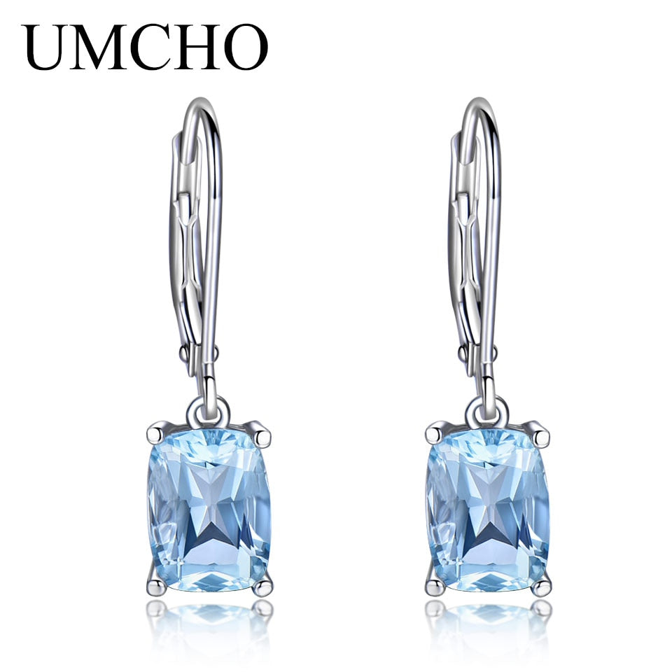 1079 UMCHO Elegant Genuine Sterling Silver Blue Created Topaz Gemstone Earrings