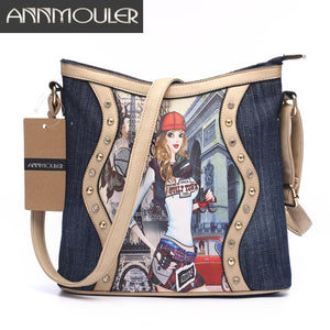 186 Annmouler Brand Women's Patchwork Denim Messenger Bags