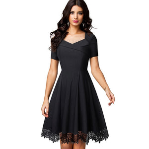 834 Nice-forever Elegant Short Sleeve Embroidery Black Lace Swing Dresses
