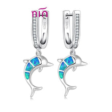 Load image into Gallery viewer, 298 By Silver Blue Fire Opal Dolphin 925 Sterling Silver Dangle Earring With CZ Accent