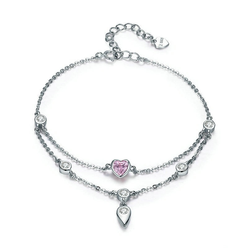 222 BAMOER Romantic 925 Sterling Silver Sweet Heart Pink CZ Double Layers Bracelets
