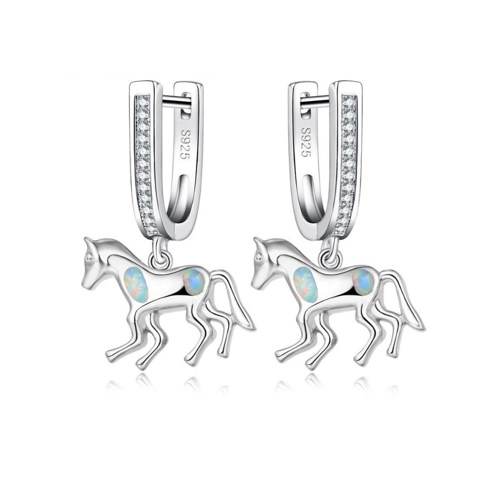 614 Jemmin Animal Horse Design Blue Fire Natural Opal Sterling Silver Dangle Earrings