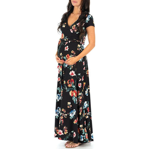 1162 Women's Maternity Short Sleeve V-Neck Floral Long Dress