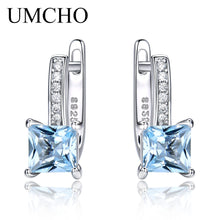 Load image into Gallery viewer, 1081 UMCHO Nano Sky Blue Topaz Gemstone Solid White Gold Sterling Clip Earrings