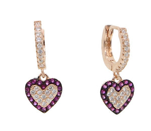 956 Sdzstone Sterling Silver Rose Gold Cz Paved Heart Charm Dangle Drop Earrings