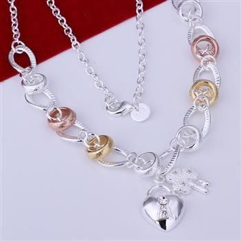 502 Gerhand Jewelry Sterling Silver Plated Heart & Lock Chain Link Pendant Necklace