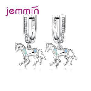 614 Jemmin Animal Horse Design Blue Fire Natural Opal Sterling Silver Dangle Earrings