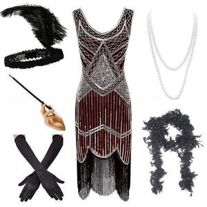517 Great Gatsby 1920s Sequin Beaded Fringed Flapper Dress w/Accessories Plus