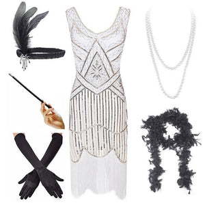 517 Great Gatsby 1920s Sequin Beaded Fringed Flapper Dress w/Accessories Plus