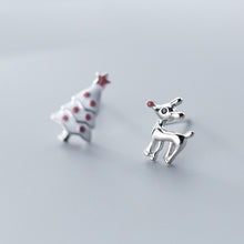 Load image into Gallery viewer, 764 Mloveacc 925 Sterling Silver Christmas Deer Tree Asymmetrical Stud Earrings