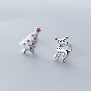 764 Mloveacc 925 Sterling Silver Christmas Deer Tree Asymmetrical Stud Earrings