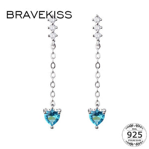 282 Brave Kiss Blue Heart CZ Sterling Silver Long Chain Drop Earrings Valentine's Gift