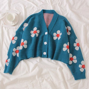 1241 Yiwu College Flower Print Knitted Loose Retro V-neck Cropped Cardigan Sweater