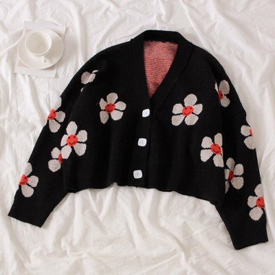 1241 Yiwu College Flower Print Knitted Loose Retro V-neck Cropped Cardigan Sweater