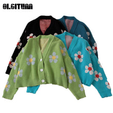 Load image into Gallery viewer, 1241 Yiwu College Flower Print Knitted Loose Retro V-neck Cropped Cardigan Sweater