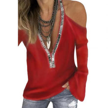 Load image into Gallery viewer, 1184 Women&#39;s Sequins V-Neck Cold Shoulder Long Sleeve T-Shirt Plus