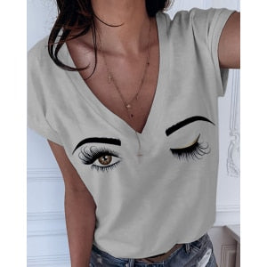 407 DML Store Women's Summer Eyebrows Eyes Deep V-neck Short Sleeve T-shirt