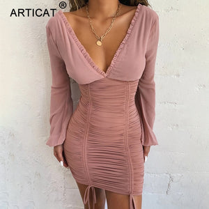194 Articat Women's Chiffon Long Sleeve V-neck Slim Elastic Pleated Mini Dresses