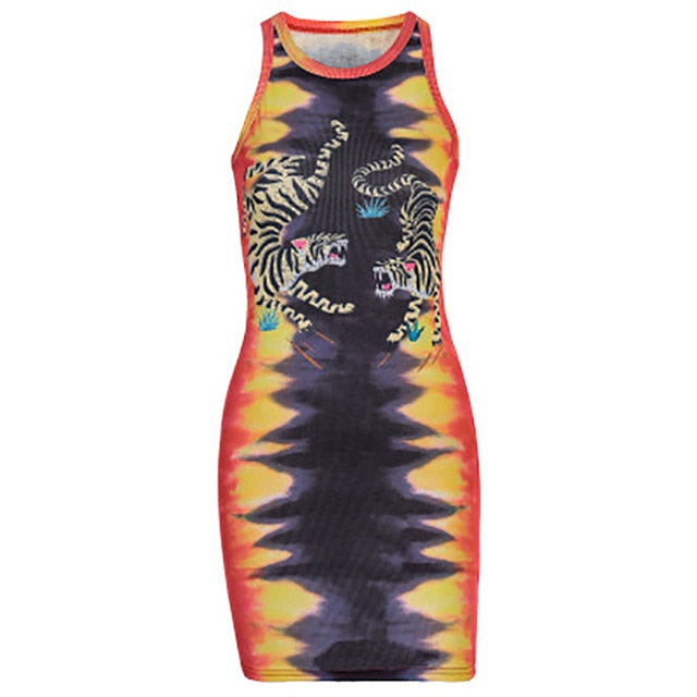 170 ALLNeon Punk Tie Dye Sleeveless Graphic Ribbed Mini Tiger Print Dress