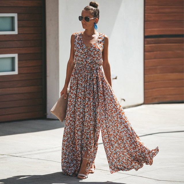 606 Jastie Summer Floral Print Bohemian Sleeveless Long Dress