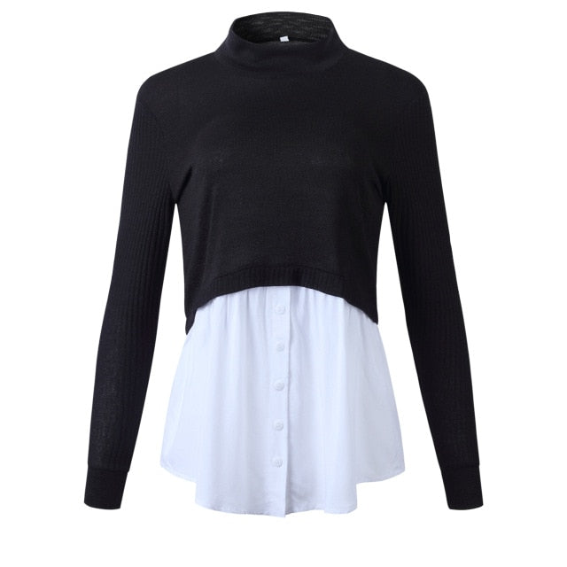 1244 Yozejier Women's Black Knitted Patchwork Long Sleeve Pullover Turtleneck Sweater